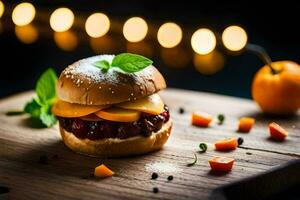 a hamburger with fruit and vegetables on a wooden cutting board. AI-Generated photo