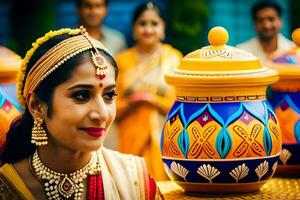 a woman in traditional indian attire is smiling. AI-Generated photo