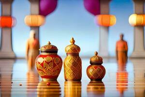 three vases with colorful lanterns on the floor. AI-Generated photo