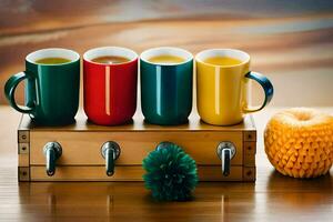four colorful mugs on a wooden stand. AI-Generated photo