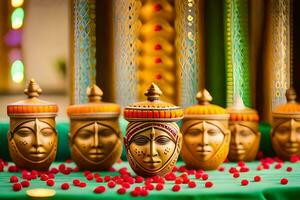 a table with several decorative masks on it. AI-Generated photo