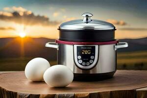 an electric pressure cooker with two eggs on a wooden table. AI-Generated photo