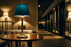a table with a lamp on it in a hotel lobby. AI-Generated photo