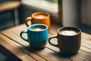 three coffee cups on a wooden table. AI-Generated photo