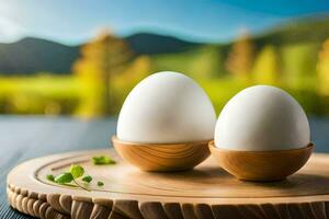 two eggs on a wooden board with a view of the mountains. AI-Generated photo