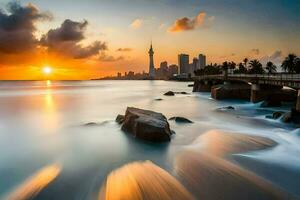 el Dom conjuntos terminado el Oceano y ciudad horizonte. generado por ai foto