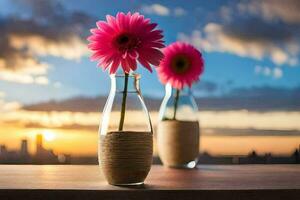 photo wallpaper the sky, flowers, sunset, the city, flowers, the city, flowers,. AI-Generated