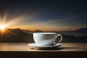 un taza de café en un mesa en frente de un puesta de sol. generado por ai foto
