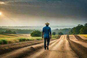 un hombre caminando abajo un suciedad la carretera en el medio de un campo. generado por ai foto