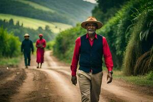 a man in a red shirt and hat walking down a dirt road. AI-Generated photo