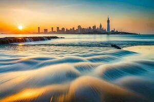 el ciudad horizonte es visto en el antecedentes como olas choque dentro el costa. generado por ai foto