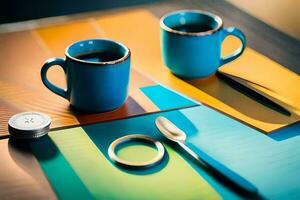 two coffee cups sit on a table with a spoon and a knife. AI-Generated photo