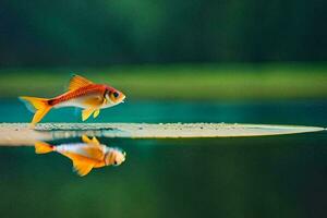 un pescado es en pie en el borde de un lago. generado por ai foto