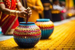 a woman in a sari is pouring water into a pot. AI-Generated photo