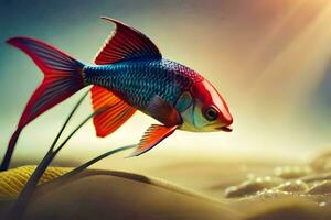 a fish with red and blue fins is swimming in the water. AI-Generated photo