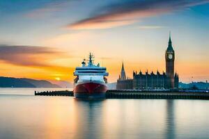 a cruise ship in the water at sunset. AI-Generated photo