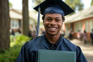 Vagabundo juventud con orgullo mostrando graduación gorra después superar incontable retos foto