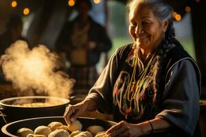 nativo americano mujer Cocinando tradicional pan de maíz para patrimonio mes celebracion foto