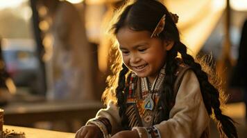 Young Native American child in authentic attire learning ancestral crafts photo