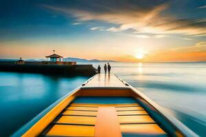 un barco es atracado a el final de un muelle a puesta de sol. generado por ai foto