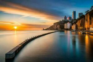 el puesta de sol terminado el ciudad de varna, Bulgaria. generado por ai foto