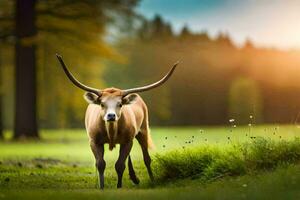 a brown bull with long horns standing in the grass. AI-Generated photo