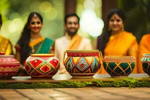 un grupo de personas en vistoso saris en pie alrededor un mesa con vistoso ollas. generado por ai foto