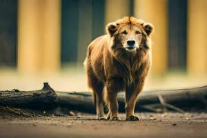 un león en pie en el medio de un bosque. generado por ai foto