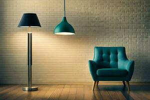 a blue chair and lamp in front of a brick wall. AI-Generated photo