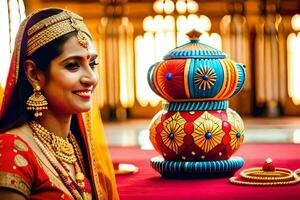 a woman in traditional indian attire is smiling. AI-Generated photo