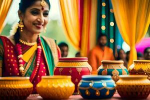 a woman in traditional indian attire is holding colorful pots. AI-Generated photo