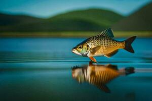 a fish is standing on the water with its reflection. AI-Generated photo