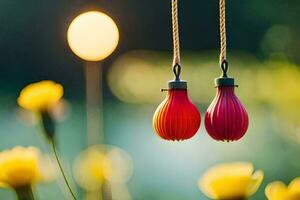two red light bulbs hanging from strings in a field. AI-Generated photo