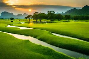 the sun sets over the green fields of chiang mai. AI-Generated photo