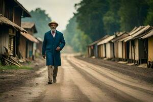 a man in a blue coat and hat walks down a dirt road. AI-Generated photo