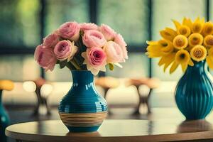 two vases with sunflowers and pink roses sitting on a table. AI-Generated photo
