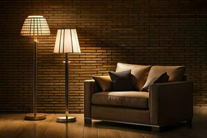 a chair and lamp in front of a brick wall. AI-Generated photo