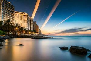 un largo exposición fotografía de el ciudad horizonte a puesta de sol. generado por ai foto