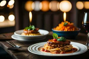 un plato de espaguetis y carne en un mesa con velas generado por ai foto