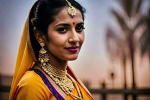 a beautiful indian woman in a yellow sari. AI-Generated photo