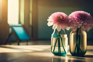 two vases with pink flowers sitting on a table. AI-Generated photo