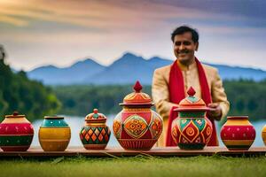 a man in an indian outfit stands next to colorful pots. AI-Generated photo