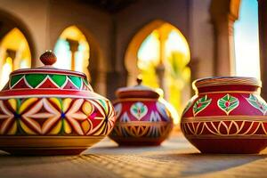 three colorful pots sitting on a wooden table. AI-Generated photo