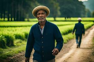 un hombre caminando mediante un arroz campo. generado por ai foto