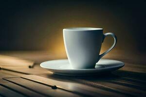 a cup of coffee on a wooden table. AI-Generated photo