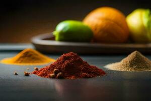 various spices and spices on a table. AI-Generated photo