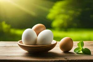 eggs in a bowl on a table. AI-Generated photo