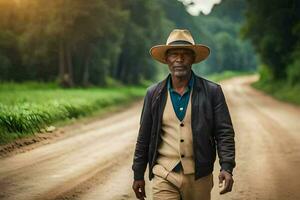 an older man wearing a hat and jacket walking down a dirt road. AI-Generated photo