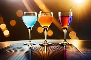 three glasses of colored drinks on a table. AI-Generated photo