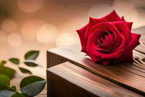 a single red rose sits on top of a wooden box. AI-Generated photo